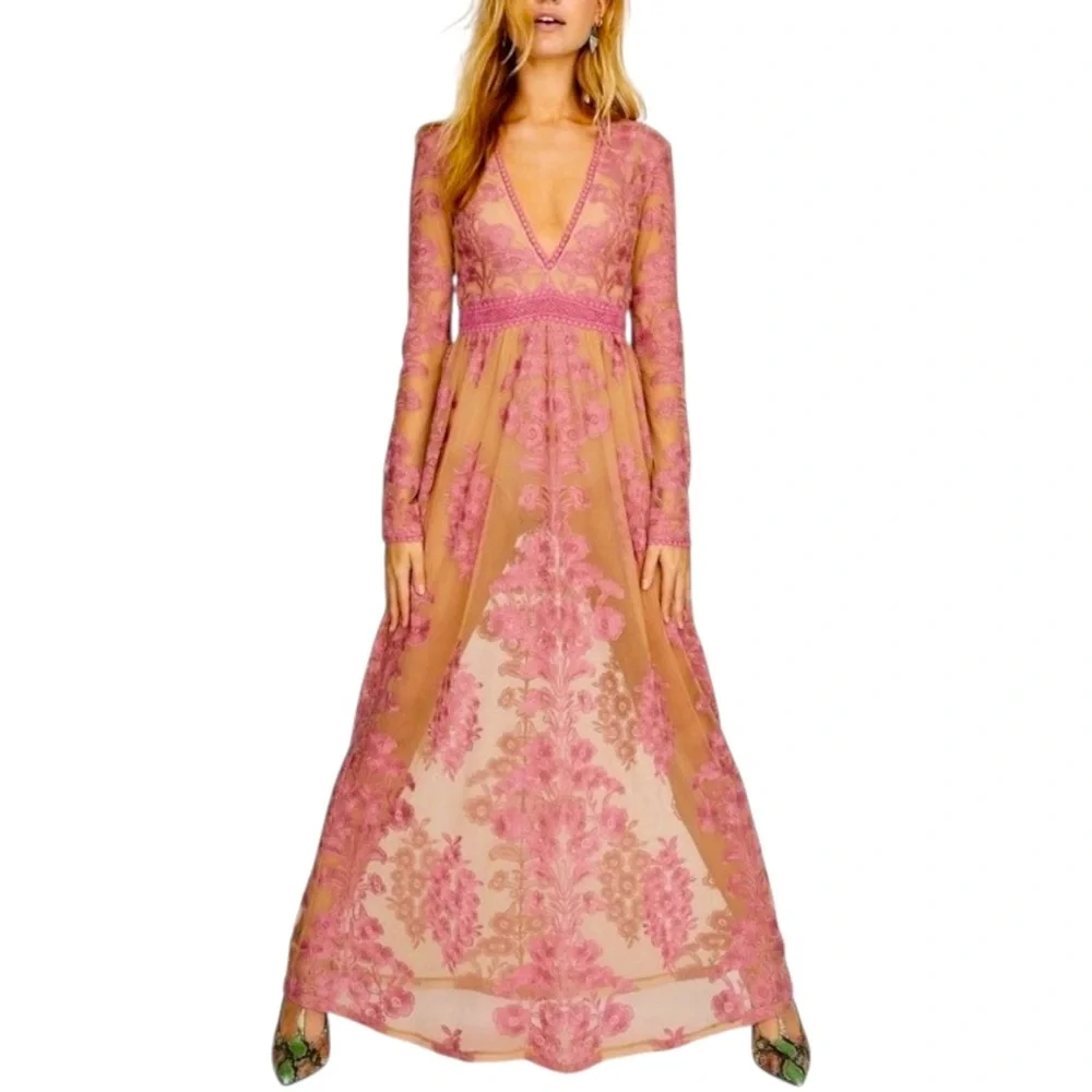 NWT For Love & Lemons Dress Temecula Pink Embroidered Maxi Size M - Picture 1 of 8